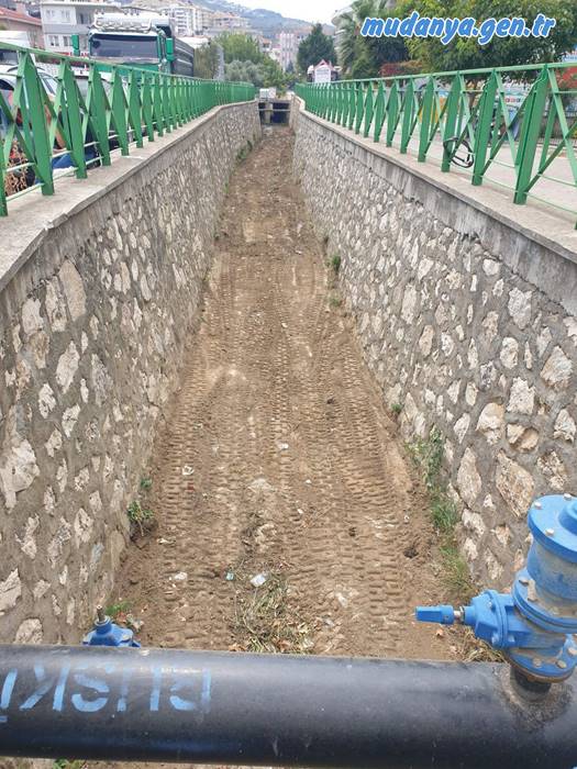 Mudanya Halitpaşa Mahallesinde sel sularının dere yatağından taşması sonucu yaşanan çevre felaketinin bir daha yaşanmaması için BUSKİ tarafından dere içinde temizlik ve ıslah çalışmaları başlatıldı.