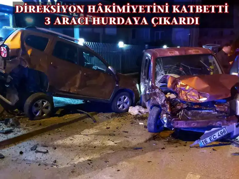 Mudanya Siteler Mahallesinde direksiyon hakimiyetini kaybeden araç sürücüsü 2 araca çarparak durabildi. Kazada 3 araç hurdaya döndü.
