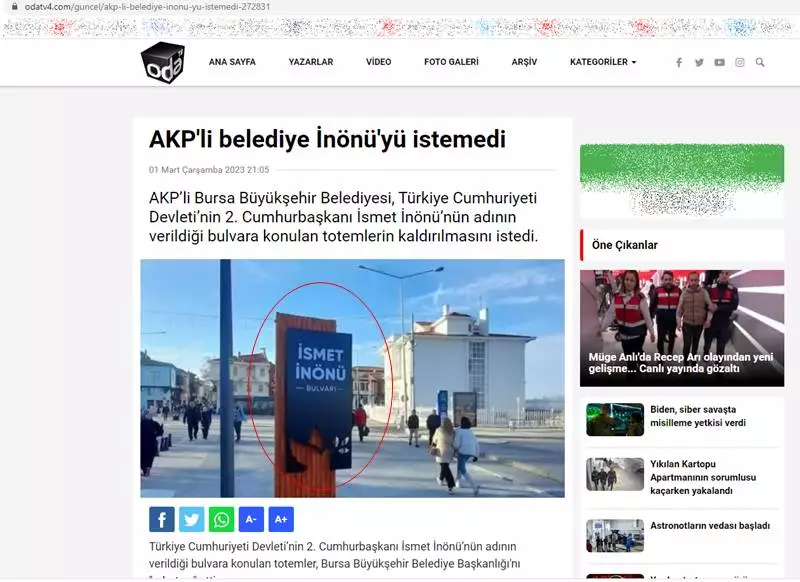Ak Parti Mudanya İlçe Başkanı Orhan Samast, "Fotoşoplu fotoğraflarla Bursa Büyükşehir Belediyesi’nin İsmet İnönü’nün isminden rahatsız olduğu algısı yayılmaya çalışılıyor. Ancak bu oyunu Başkan Hayri Türkyılmaz’ın sosyal medyasında paylaştığı orijinal fotoğraflar bozdu" dedi.
