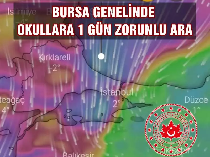 Bursa Valiliği Meteoroloji Bölge Müdürlüğümüzden alınan son meteorolojik verilere göre ilimizdeki olumsuz hava koşullarını dikkaate alarak Bursa genelinde eğitim öğretime 1 gün ara verdi.