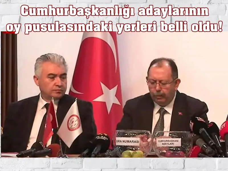 Yüksek Seçim Kurulunda (YSK) çekilen kuraya göre, 14 Mayıs'taki seçimde kullanılmak üzere cumhurbaşkanı adayları için hazırlanan oy pusulasında birinci sırada Recep Tayyip Erdoğan, ikinci sırada Muharrem İnce, üçüncü sırada Kemal Kılıçdaroğlu, dördüncü sırada Sinan Oğan yer aldı.