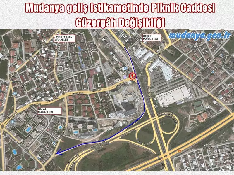 Emek Şehir Hastanesi Raylı Sistem inşaat çalışmaları kapsamında *Pazarı Pazertesiye bağlayan gece 22/05/2023 tarihinde* Mudanya geliş istikametinde Piknik Caddesi girişi altyapı çalışmaları nedeniyle kapatılarak, alternatif güzergah Balat Mahallesine ve Ahmet Yesevi Mahallelerine ulaşımın otoyol bağlantı köprülerinden sağlanması gerekmektedir.