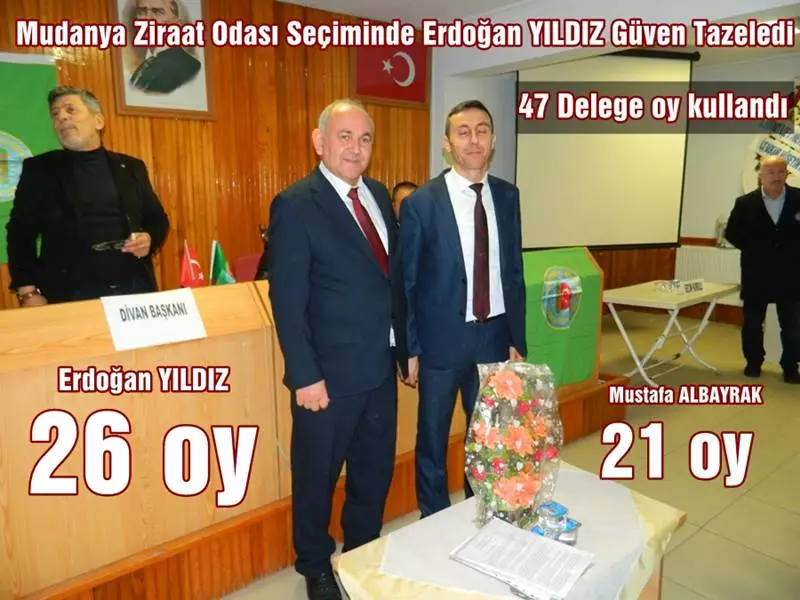 Mudanya Ziraat Odası kongresi Müftülük salonunda gerçekleştirildi. Kongre sonrası 2 liste ile gidilen seçimde Turuncu liste ile seçime giren Erdoğan Yıldız'ın listesi 47 delegenin 26 sının oyunu alarak 4 yıllığına yeniden başkanlığa seçildi. Mustafa Albayrak ise 21 oy aldı.