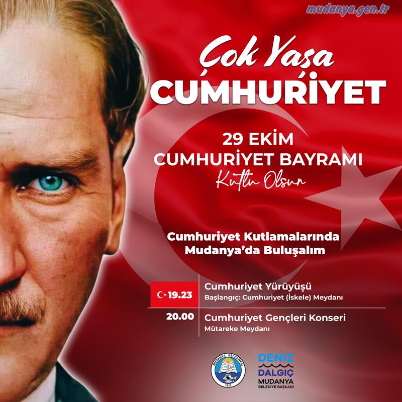 Mudanya Belediyesi, 29 Ekim Cumhuriyet Bayramı’nı “Çok Yaşa Cumhuriyet” temasıyla kutluyor. Mudanya Belediye Başkanı Deniz Dalgıç, Cumhuriyet’in 101. Yaşında gerçekleşecek etkinliklere tüm Mudanyalıları davet etti.