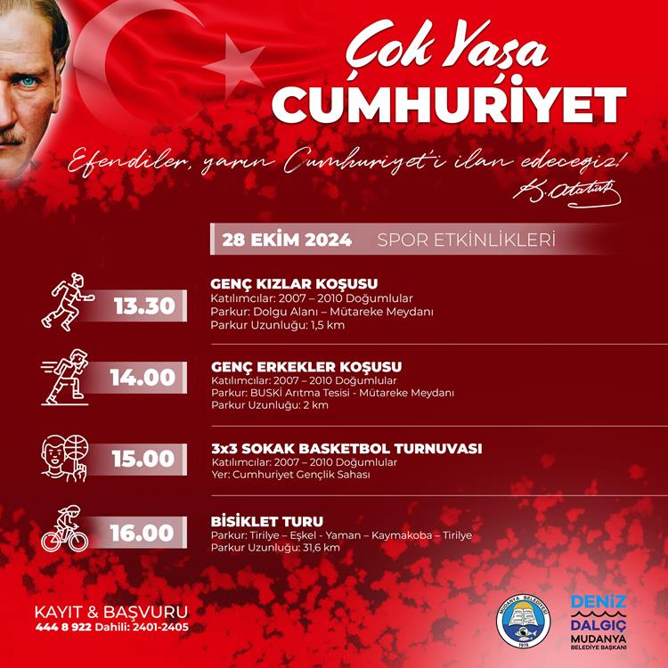 Mudanya Belediyesi, 29 Ekim Cumhuriyet Bayramı’nı “Çok Yaşa Cumhuriyet” temasıyla kutluyor. Mudanya Belediye Başkanı Deniz Dalgıç, Cumhuriyet’in 101. Yaşında gerçekleşecek etkinliklere tüm Mudanyalıları davet etti.