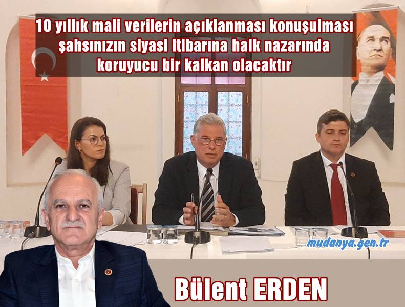 Bülent Erden, 'Lale Devri' olarak tanımlandığı Hayri Türkyılmaz dönemin fena sona erdiğini Mudanya Belediyesini adı konulmamış bir iflasa sürükleyenlerin sebep olduğu mali tablo başta olmak üzere tüm yönleriyle belediyenin içine düştüğü durumun kamuoyuna açıklanması çağrısında bulundu.