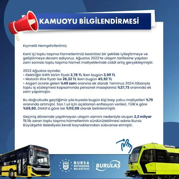 Bursa Büyükşehir Belediyesi'nin ulaşım işletmesi BURULAŞ, Bursa'da toplu taşımaya yapılan yüzde 68 zam hakkında açıklama yayımladı