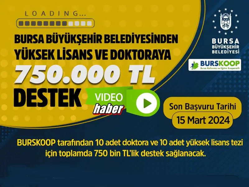 Bursa Büyükşehir Belediyesi geçen yıl olduğu gibi bu yıl da doktora ve yüksek lisans öğrencilerini de bursla destekliyor. BURSKOOP tarafından bu yıl da 10 doktora ve 10 yüksek lisans tezi için toplamda 750 bin TL’lik destek sağlanacak.