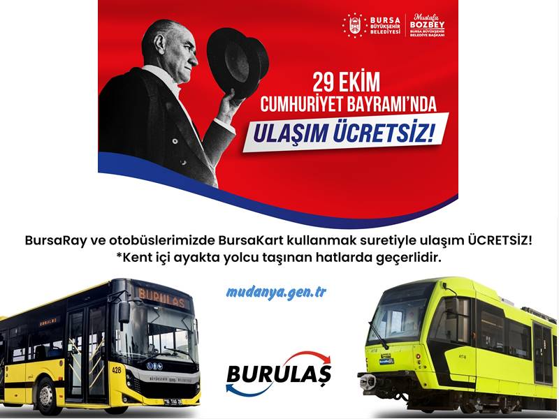 Bursa'da 29 Ekim’de toplu ulaşım ücretsiz