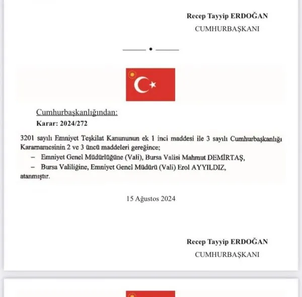 Emniyet Genel Müdürlüğü'ne ise mevcut Bursa Valisi Mahmut Demirtaş getirildi. Karar, Resmi Gazetede yayınlandı.bursa valisi mahmut demirtas emniyet genel mudurlugune atandi