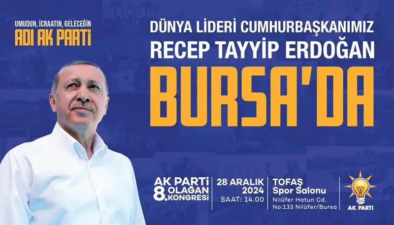 AK Parti'nin 8. Olağan Kongre süreci hızla devam ederken, Cumhurbaşkanı Recep Tayyip Erdoğan, il ziyaretlerine devam ediyor. Erdoğan, 28 Aralık Cumartesi günü saat 14.00'te Tofaş Spor Salonu'nda düzenlenecek Bursa 8. Olağan İl Kongresi'ne katılarak Bursalılarla buluşacak.
