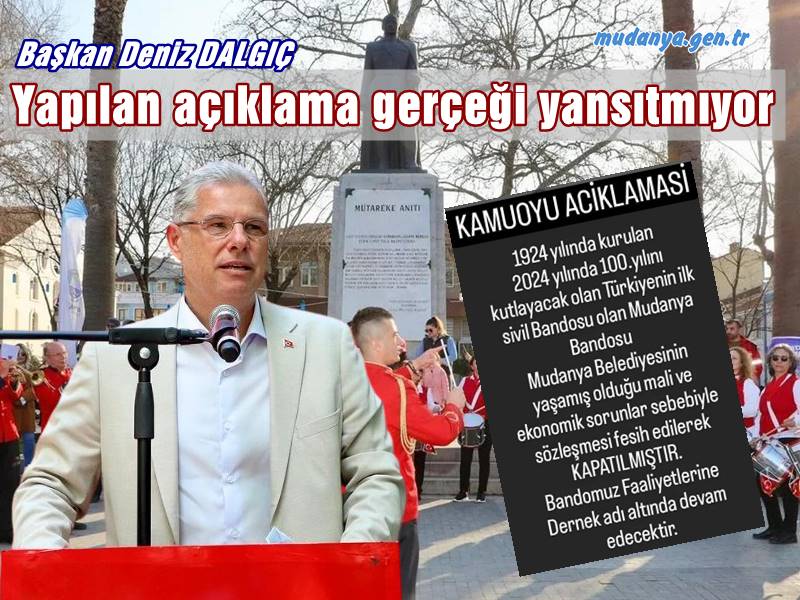 Yaklaşık 10 yıldır dernek olarak faaliyetlerine devam eden Mudanya İlçe Bandosu Derneği "KAMUOYU AÇIKLAMASI" başlığı altında sosyal medya hesabımıza gönderdiği "KAPATILMIŞTIR" ibaresini taşıyan duyuruyla dikkatleri üzerine çekti.