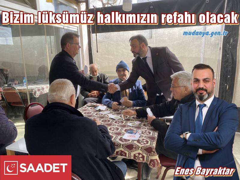 Saadet Partisi Mudanya Belediye Başkan Adayı Enes Bayraktar Saadet Partisi'nin yerel belediyecilik anlayışını ilan ederek Mudanyalıları Saaadet Partisi'nin hak temelli yerel yönetim anlayışını desteklemeye davet etti. Belediye Başkan Adayı Enes Bayraktar "Kendimiz için istemediğimizi başkanı için istemeyeceğiz" vurgusu yaptı.