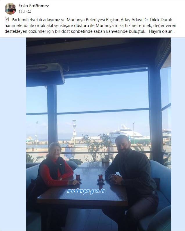 İYİ Parti Mudanya İlçe Başkanı Ersin Erdönmez Dilek Durak ile bir görüşme gerçekleştirdi. İlçe Başkanı Erdönmez gerçekleşen görüşmeyi konu alan sosyal medya paylaşımını "Hayırlı olsun" cümlesiyle noktaladı. İşte Erdönmez'in paylaşımı..