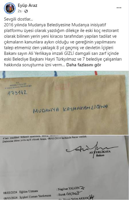 Mudanya İnisiyatif Platformu Üyesi Eyüp Araz CHP'de Belde Başkanlığı yapmış birisi olarak olduğu halde CHP'li bir belediye başkanının yanlış işlerine gözünü kapamadığını aradan geçen 8 yıl sonunda soruşturma izni verildiğini ve Hayri Türkyılmaz'ın yargılanacağını vurguladı.