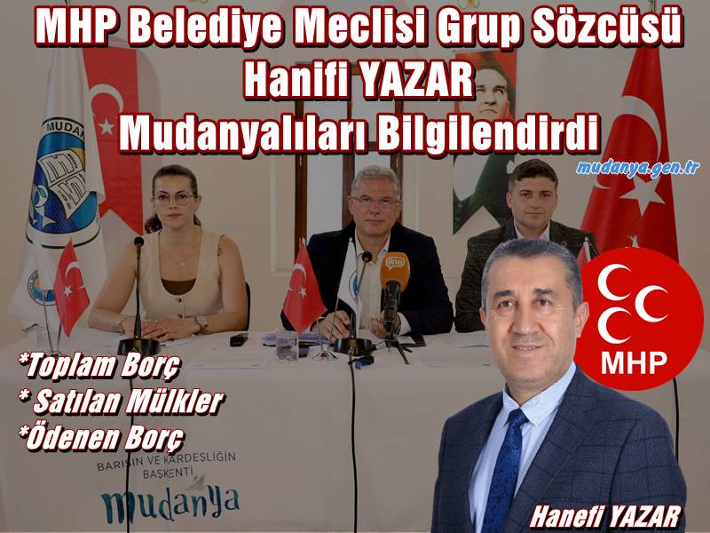 Gerçekleşen Mudanya Belediye Meclisi Ağustos ayı birinci ve ikinci oturum toplantılarından sonra MHP Belediye Meclisi Grubu  kamuoyuna bilgilendirme açıklaması yapan MHP Belediye Meclisi Üyesi hanifi Yazar 59 taşınmaz mülk satış yetkisi sonrasında gerçekleşen satışlar, belediyenin borç durumu ve deprem riskine karşı alınan ve alınacak önlemlere ilişkin önemli detayları paylaştı.