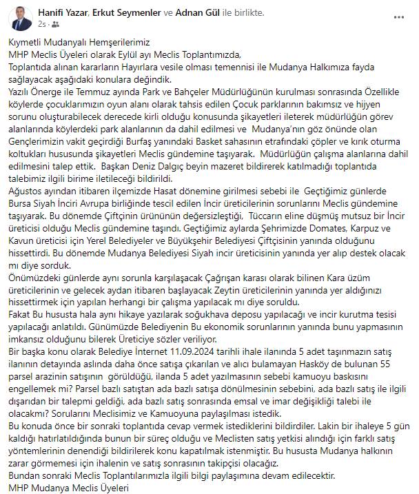 MHP Mudanya Belediye Meclisi Üyesi Hanifi YAZAR Eylül ayı toplantısında önemli konuları gündeme taşıdı. 5 Gün içinde ihaleye çıkacak Hasköy'de ki toplamda 55 adet arsanın 5 adet olarak ada bazında duyurulmasına tepki gösteren MHP Belediye Meclisi Üyesi Hanifi YAZAR afaki mülk satış ihalesi ve akabinde olası imar durumu konusunda sorduğu sorular bir sonraki meclis toplantısına kadar cevapsız kaldı. 