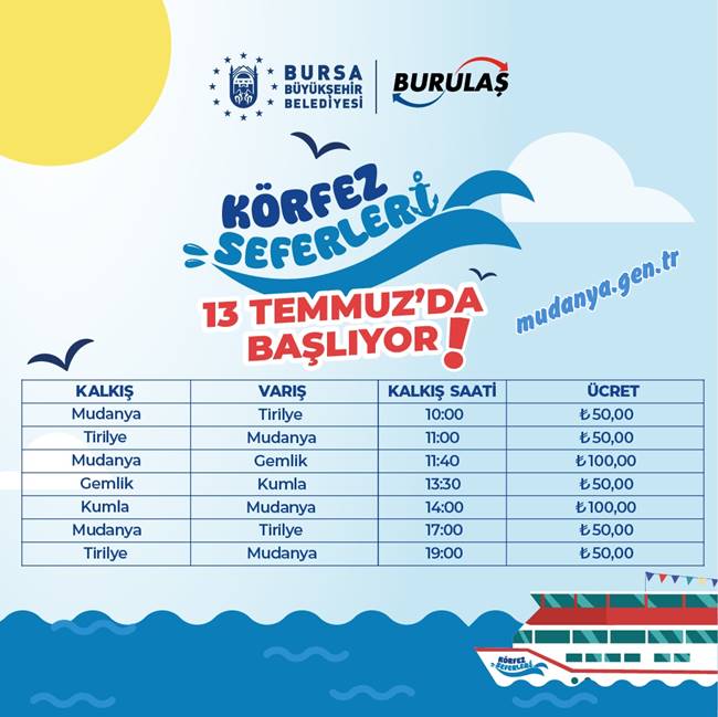 Mudanya, Tirilye, Gemlik ve Kumla arasında yapılacak olan deniz sefer saat ve fiyatları
