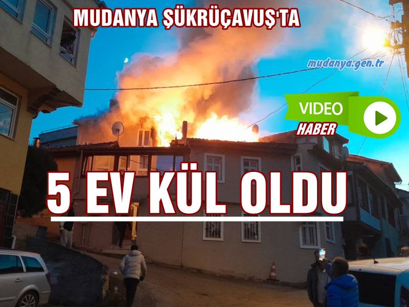 Mudanya Şükrü Çavuş Mahallesi Harmanlar Caddesi Nalbantoğlu Sokakta Saat 17:00 sıralarında çatı tadilatı sırasında membran kaplama yapılırken çıkan yangın ahşap yapılardan oluşan 5 evin yanmasına neden oldu.