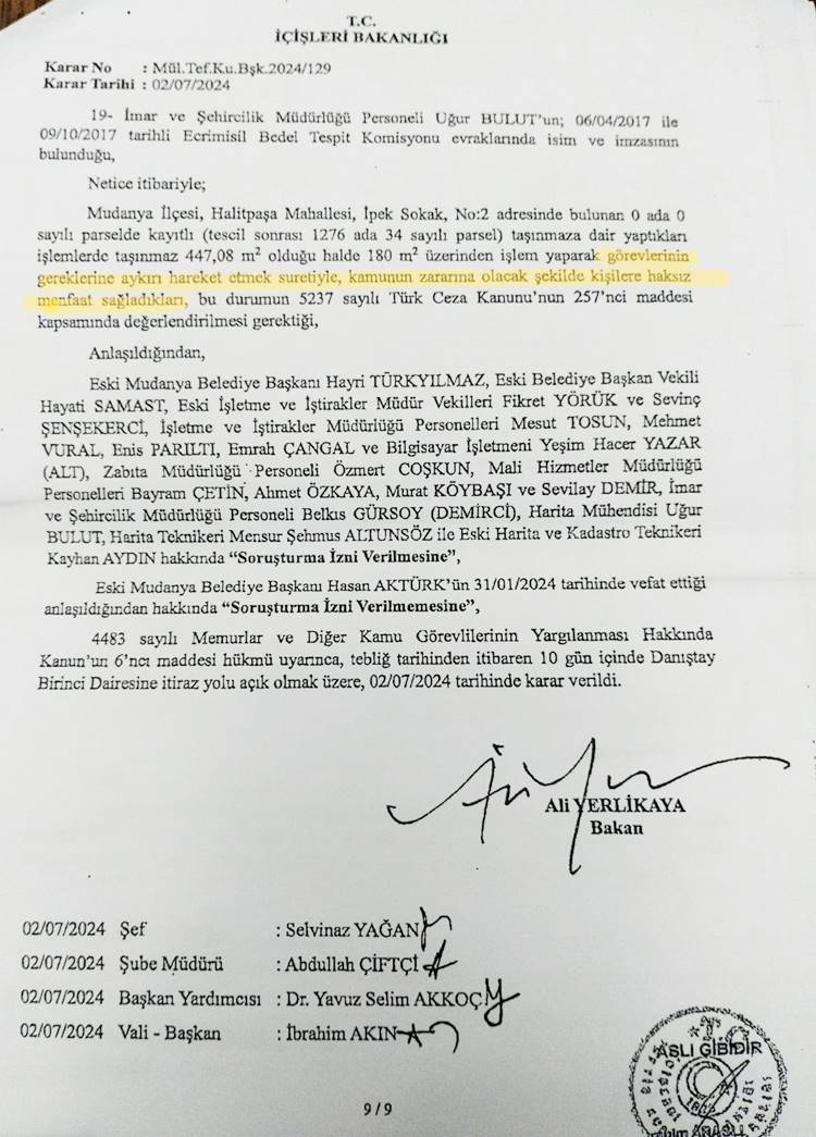 CHP Güzelyalı eski belde başkanı Eyüp Araz'ın 13.02.2023 Tarihin de Mudanya Cumhuriyet Başsavcılığına eski Mudanya Belediye Başkanı Hayri Türkyılmaz hakkında yaptığı 4 ayrı suç duyurularında bugün gelen son tebligat ile 4 ayrı suç duyurusunun 4 ünden de yargılama izni çıktı.