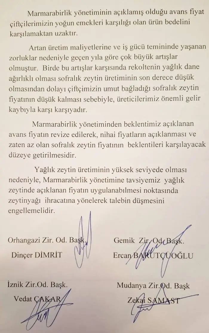 Marmarabirlik'in açıkladığı 2024/2025 işyılı hasat dönemine ait zeytin alım avans fiyatlarının gelen zamlar ve bekletilerin altında olduğunu savunan Ziraat Odaları Başkanları ortak bir açıklama yayınladı. Orhangazi, Mudanya, Gemlik ve İznik Ziraat Odaları Başkanları Marmarabirlik'e açıkladığı avans zeytin alım fiyatlarını revize etme çağrısında bulundu.