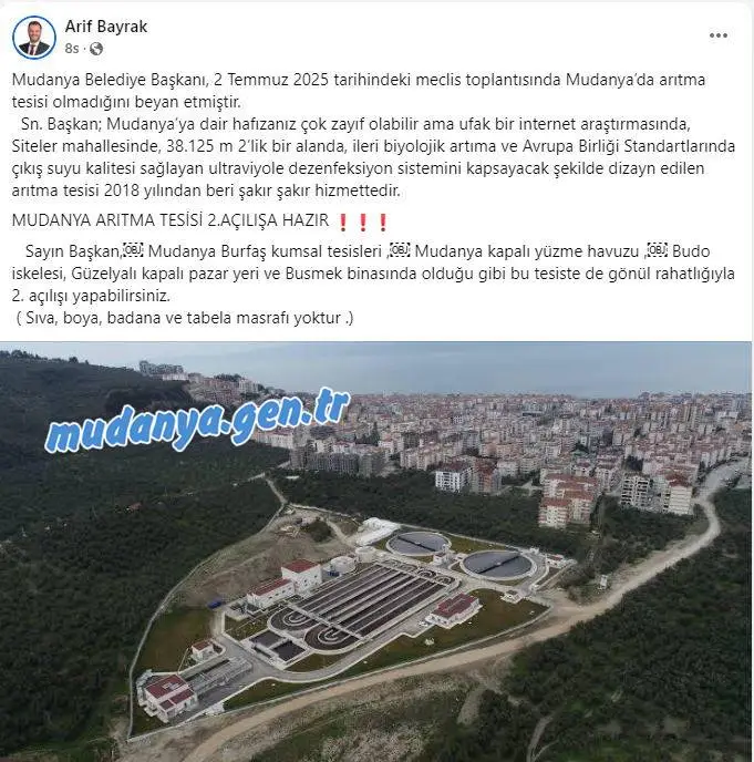 MUDANYA Belediye Başkanı Deniz Dalgıç'ın ' Mudanya'da Arıtma Tesisi Yok ' söylemine karşılık, AK Parti Mudanya İlçe Başkanı Arif Bayrak, sosyal medya hesabından yaptığı fotoğraflı paylaşımla ironik bir tepki gösterdi.