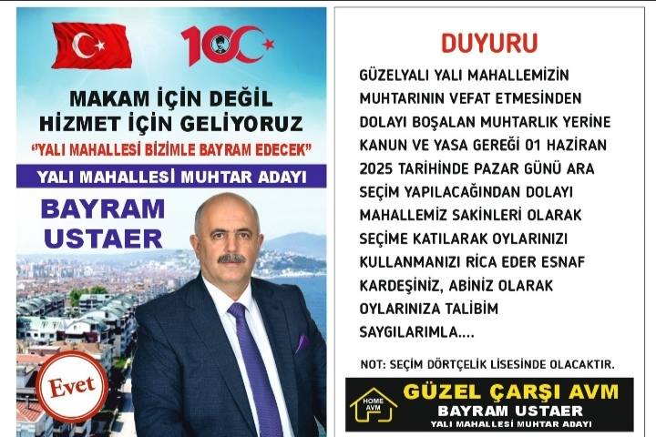 Güzelyalı Yalı Mahallesi, 1 Haziran'da muhtar seçecek. Mudanya’nın Güzelyalı Yalı Mahallesi, 1 Haziran 2025’te Dörtçelik Mesleki ve Teknik Anadolu Lisesi'nde sandık başına gidiyor. 