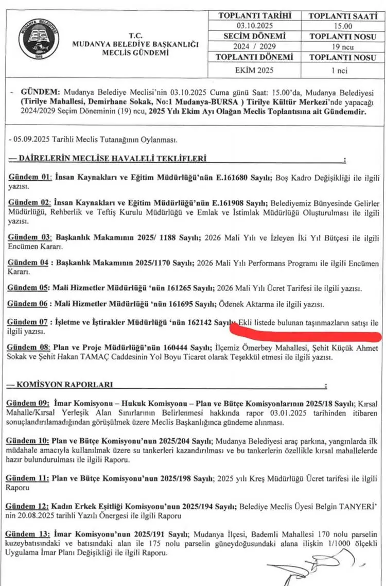 MUDANYA BELEDİYE MECLİSİ GÜNDEMİ SATIŞ EKİM 2025 BİRİNCİ OTURUM