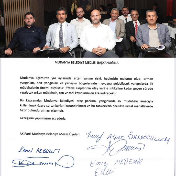 Orman Yangını Riskine Karşı Tanker Talebi: AK Parti ve MHP Mudanya Belediye Meclis üyelerinin sunduğu önergeyle, artan yangın orman riski nedeniyle belediye araç parkına su tankerleri kazandırılması ve kırsal mahallelerde hazır bulundurulması talep edildi.