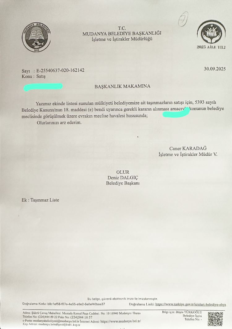 mudanya belediyesi satis evrak