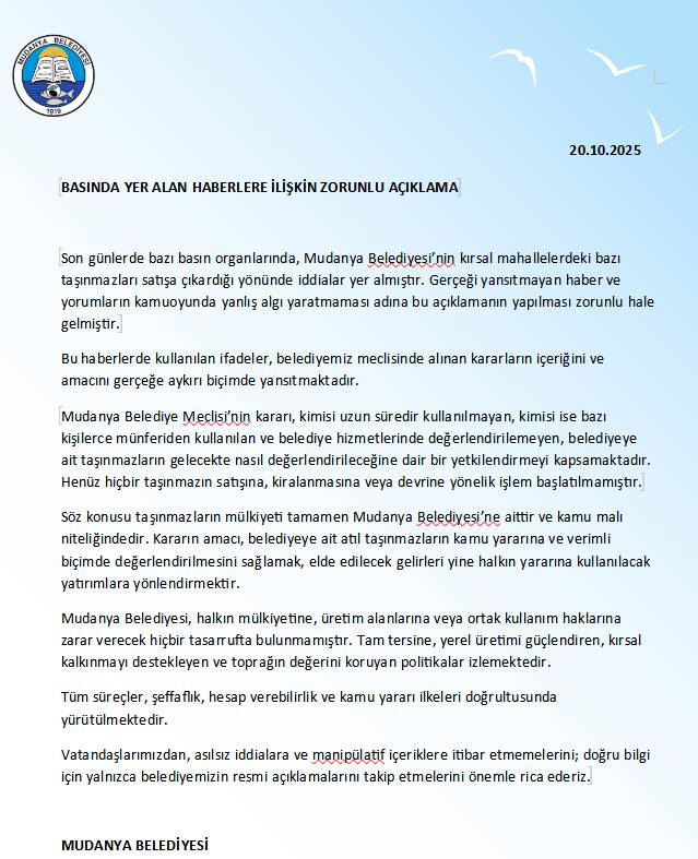 Belgeli haberimiz sonrası Mudanya Belediyesi'nden Zorunlu Açıklama : "Taşınmaz Satışları Yalan, Sadece Yetkilendirme Var". 
