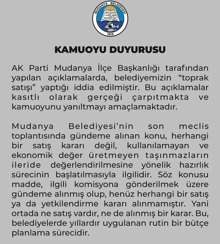 Arif Bayrak: "Mudanya Belediyesi’nin resmi sosyal medya hesaplarından, yetkili ağızlardan 'satılmayacak' denilen gayrimenkuller, maalesef Meclis’te satılma kararı aldı