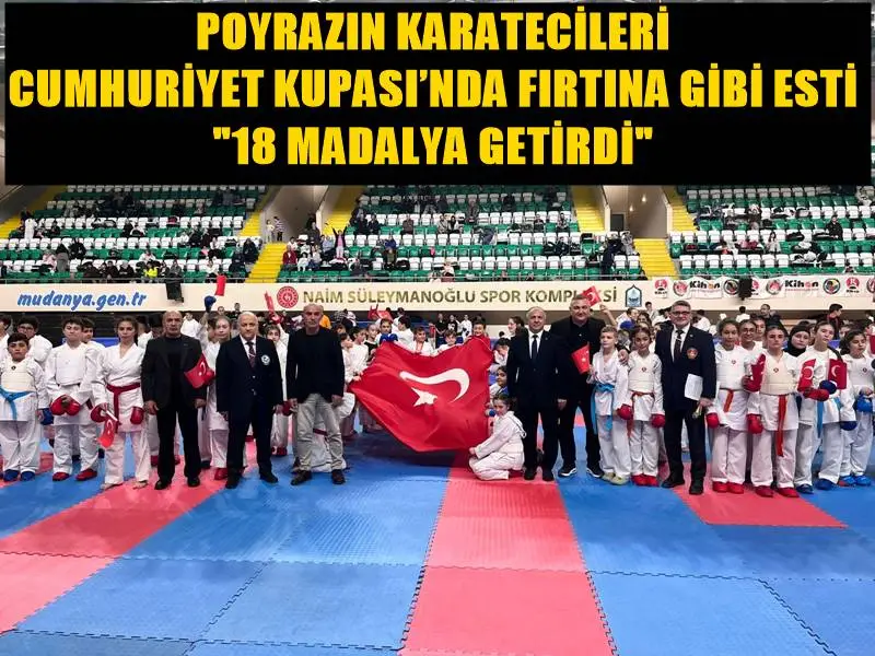 Bursa'da düzenlenen 29 Ekim Cumhuriyet Kupası Karate İl Şampiyonası'nda mücadele eden Mudanya ekibi, 40 sporcuyla katıldığı turnuvadan 18 madalya ile dönerek büyük bir başarıya imza attı.