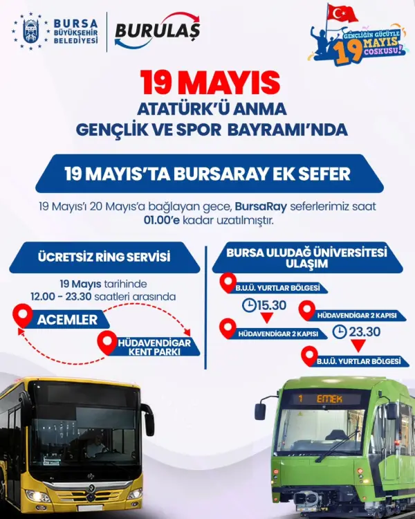 Bursa Büyükşehir Belediyesi, vatandaşların tören ve kutlamalara kolaylıkla ulaşabilmesi amacıyla 19 Mayıs Atatürk’ü Anma, Gençlik ve Spor Bayramı’nda kent içi toplu ulaşımın ücretsiz olacağını açıkladı.