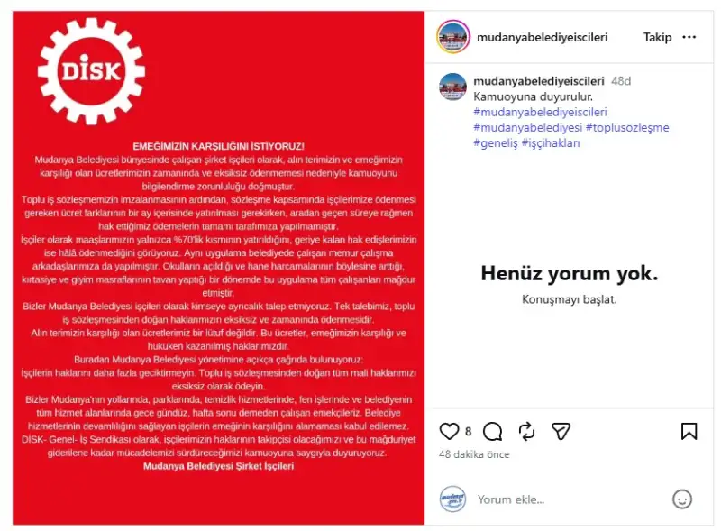 Mudanya Belediyesi bünyesinde çalışan şirket işçilerinin ücret ve toplu iş sözleşmesinden kaynaklanan ödemelere ilişkin açıklaması kamuoyuna duyuruldu.