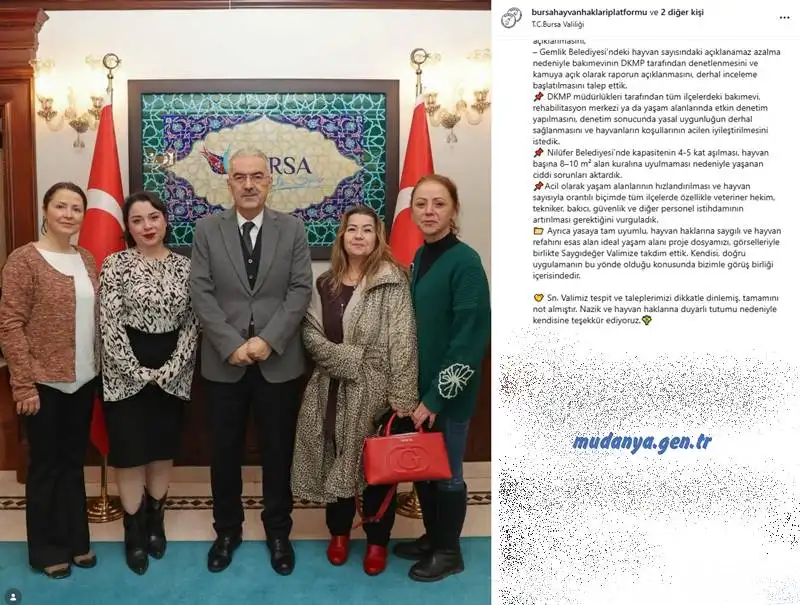 Bursa Hayvan Hakları Platformu, Vali Erol Ayyıldız’ı ziyaret ederek hazırladıkları raporu sundu. Platform, özellikle Mudanya ve Gemlik belediyelerinin düzgün barınak yapmadığını ve hayvanların ölümcül koşullarda yaşam mücadelesi verdiğini vurguladı.