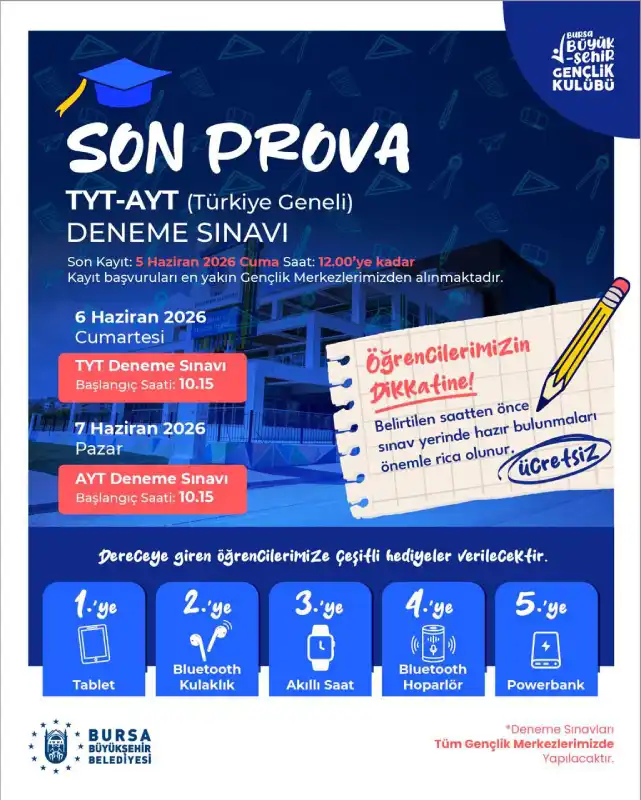 Bursa Büyükşehir Belediyesi, üniversite adaylarının sınav kaygılarını yenmelerine yardımcı olmak ve başarılarını artırmak için 6 Haziran’da TYT, 7 Haziran’da ise AYT deneme sınavı düzenliyor.