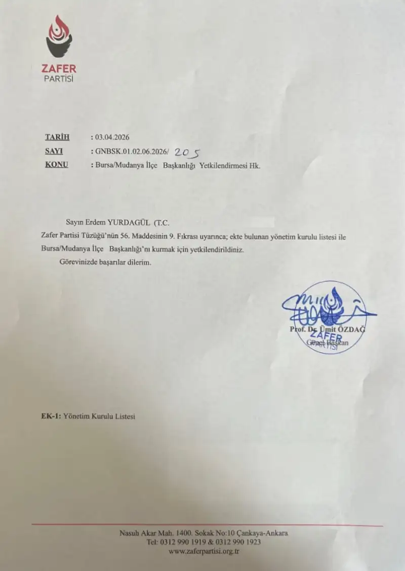 zafer partisi erdem yurdagul yetki yazisi