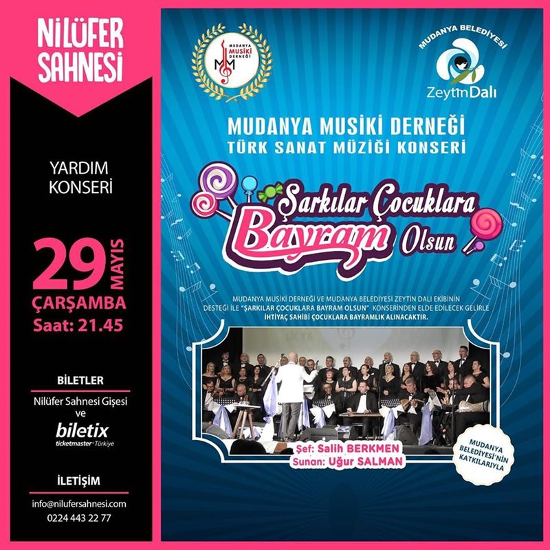 Mudanya Musiki Derneği Nilüfer Sahnesi’nde düzenleyeceği Türk Sanat Müziği Konseri’nden elde edilecek gelirle, ihtiyaç sahibi çocuklara bayramlık hediye edecek. “Şarkılar Çocuklara Bayram Olsun” projesi, çocuklara umut olacak.