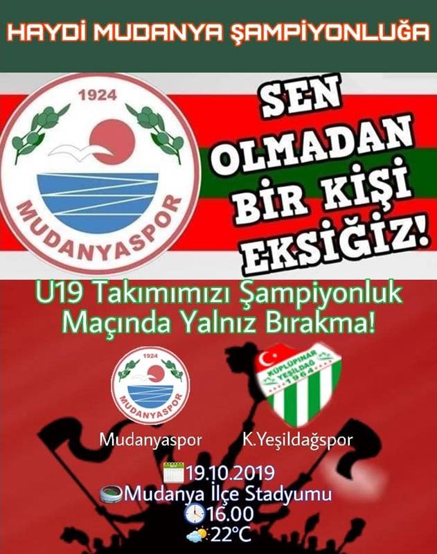 Mudanyaspor U19 takımı 19 Ekim Cumartesi günü saat 16.00 da Küplüpınar Yeşildağspor ile Mudanya İlçe Stasyumunda şampiyonluk karşılaşmasına çıkacak.