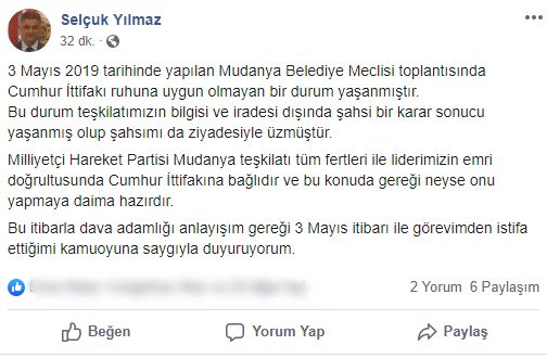 MHP Mudanya İlçe Başkanı Selçuk Yılmaz İstifa Etti.