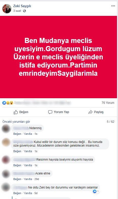 MHP Mudanya İlçe Başkanı Selçuk Yılmaz istifa ettiğini açıklamasının ardından MHP Mudanya Belediye Meclis Üyesi Zeki Saygılı'da istifa ettiğini sosyal medya üzerinden duyurdu.